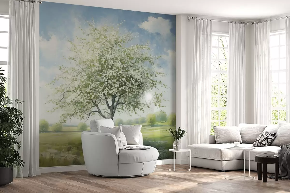 Papier peint Un arbre solitaire dans un champ de fleurs blanches w04445