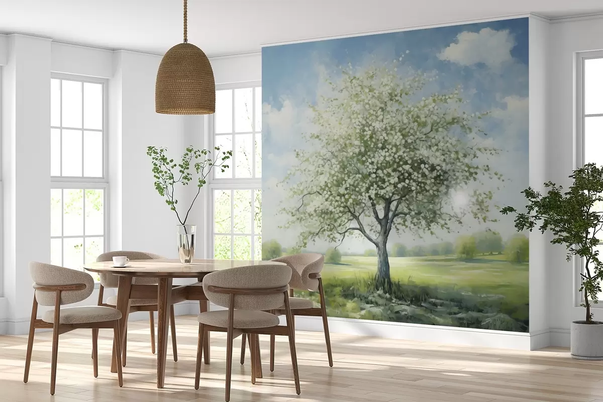 Papier peint Un arbre solitaire dans un champ de fleurs blanches w04445