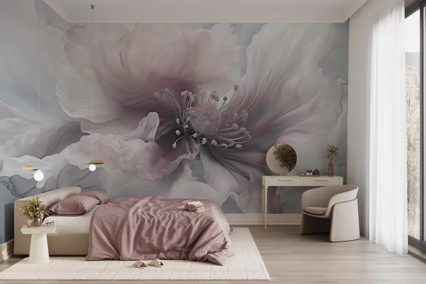 Papier peint Fleur délicate aux pétales roses et blancs w04446