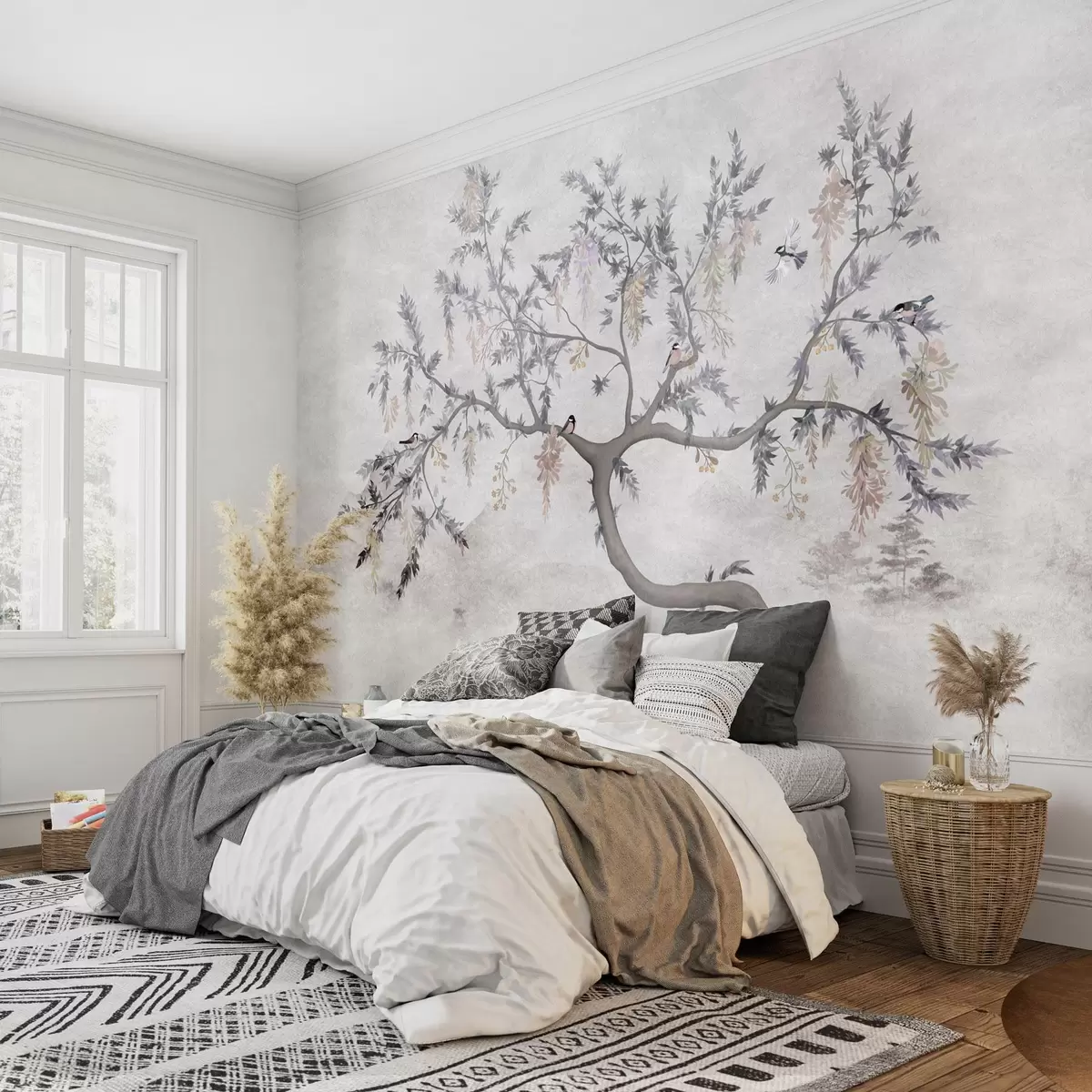 Papier peint Branche d'arbre avec oiseaux dans le style oriental w04456