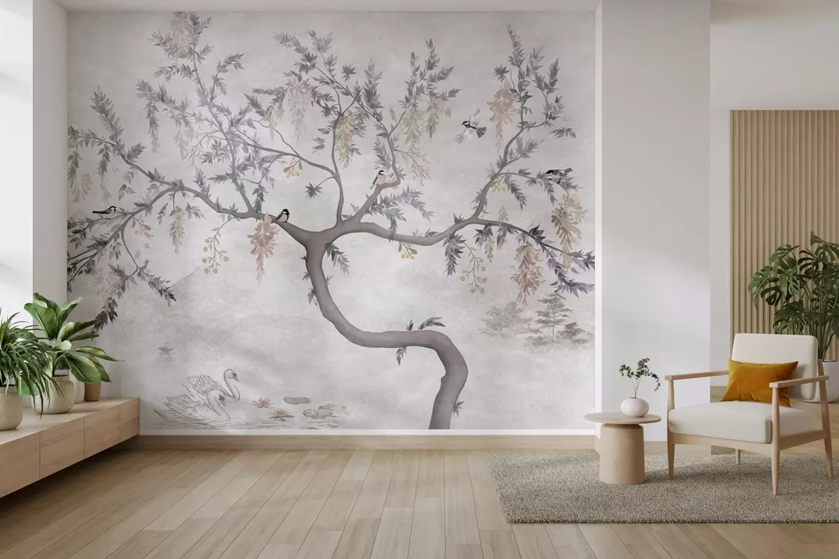 Papier peint Branche d'arbre avec oiseaux dans le style oriental w04456