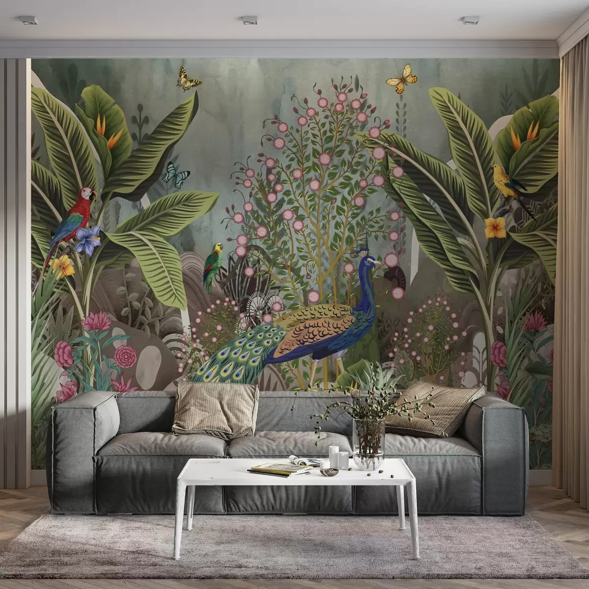 Papier peint Oiseaux tropicaux lumineux et paon parmi des plantes exotiques w04457