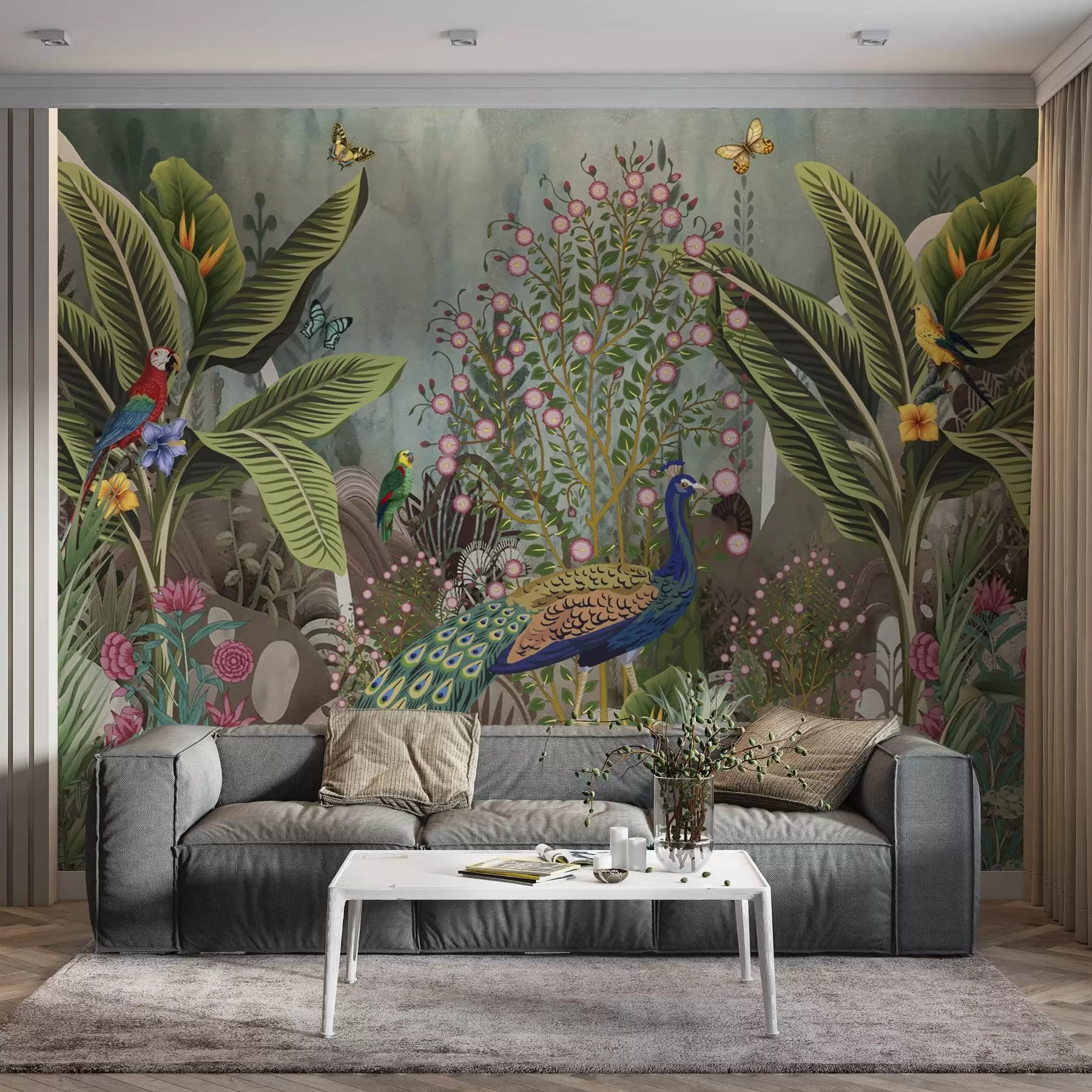Papier peint Oiseaux tropicaux lumineux et paon parmi des plantes exotiques w04457