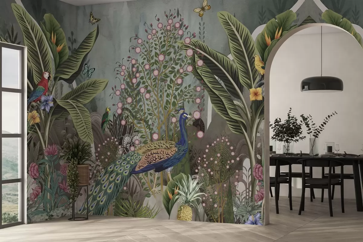 Papier peint Oiseaux tropicaux lumineux et paon parmi des plantes exotiques w04457