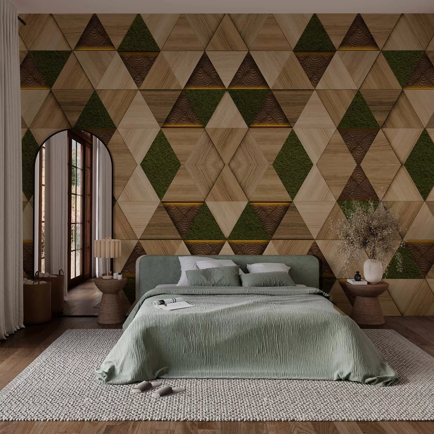 Papier peint Ornement géométrique en bois avec mousse w04459