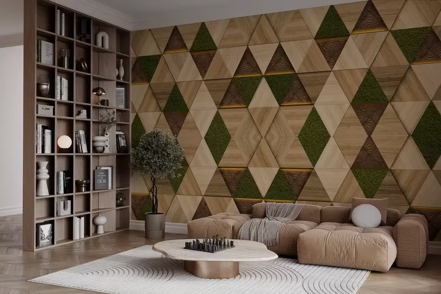 Papier peint Ornement géométrique en bois avec mousse w04459