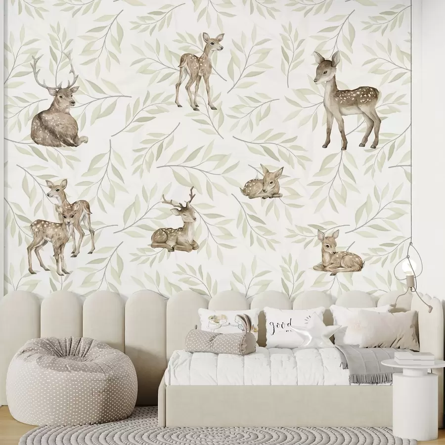 Papier peint Fauves parmi des feuilles verdâtres sur fond blanc w04461v1