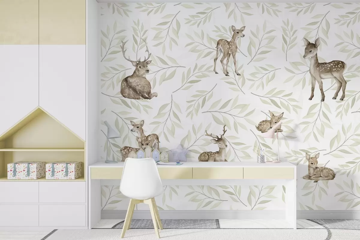 Papier peint Fauves parmi des feuilles verdâtres sur fond blanc w04461v1