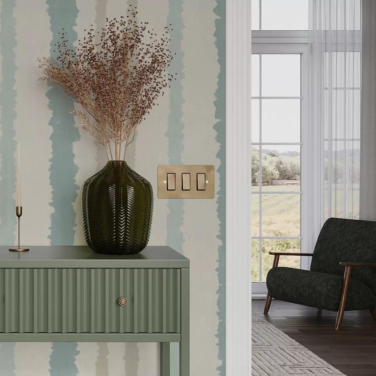 Papier peint Rayures turquoise-beige avec effet peint à la main a00510v1