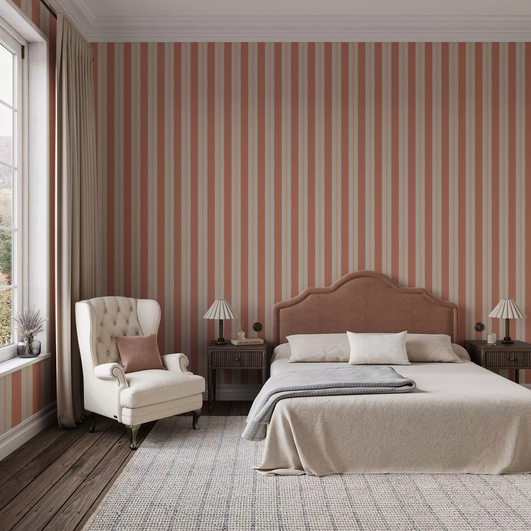 Papier peint Rayures terracotta brillantes avec accents beiges a00515