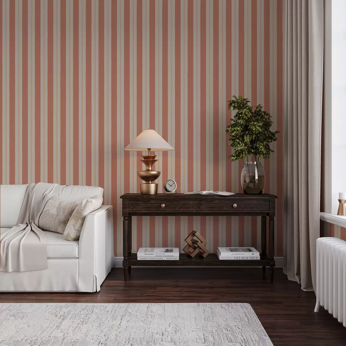 Papier peint Rayures terracotta brillantes avec accents beiges a00515