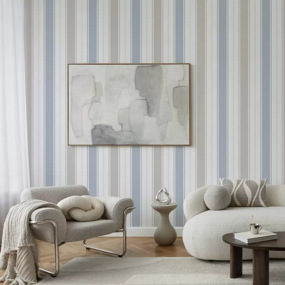 Papier peint Rayures claires dans les tons gris-bleu avec contrastes a00517v2