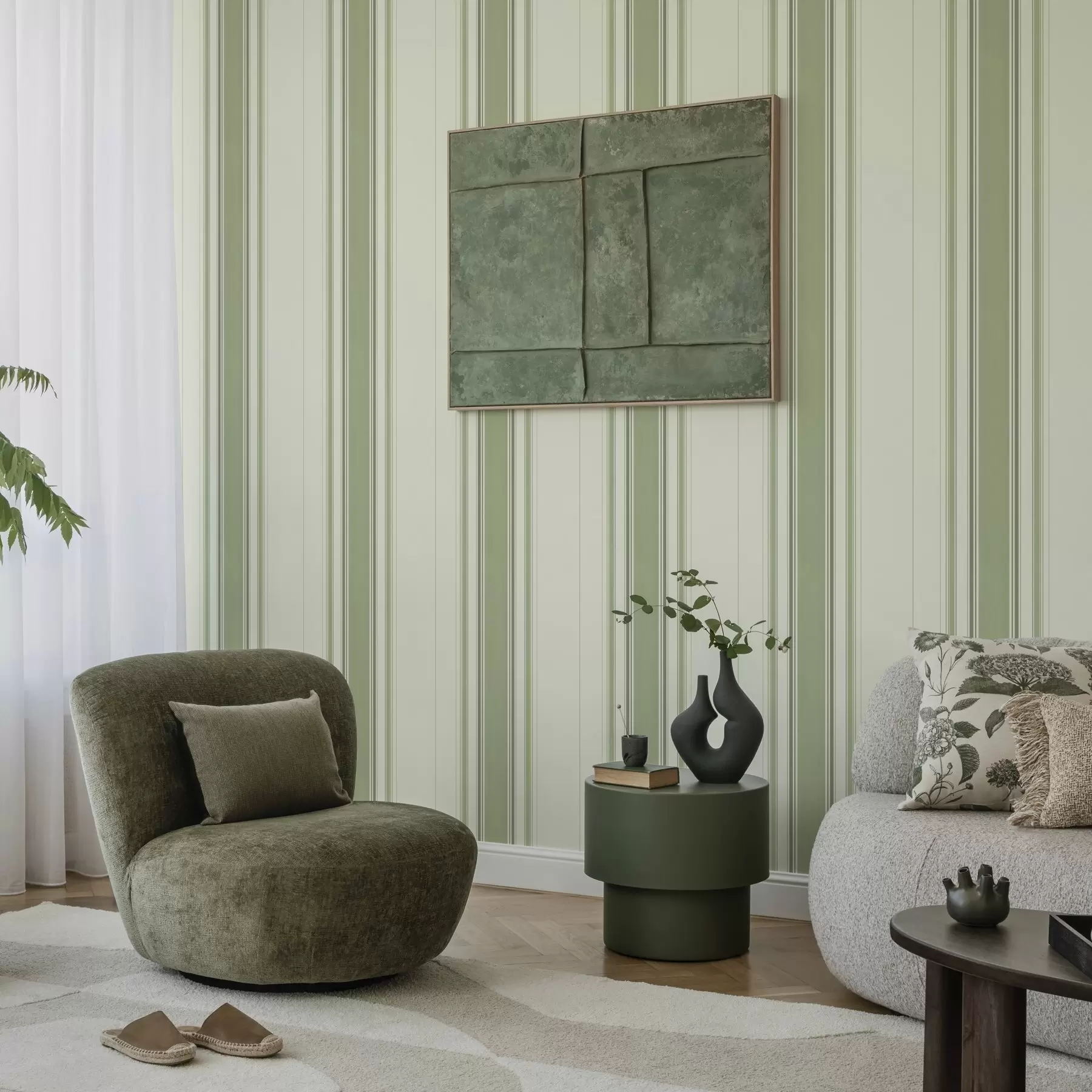 Papier peint Fond crème avec une large bande centrale verte a00519