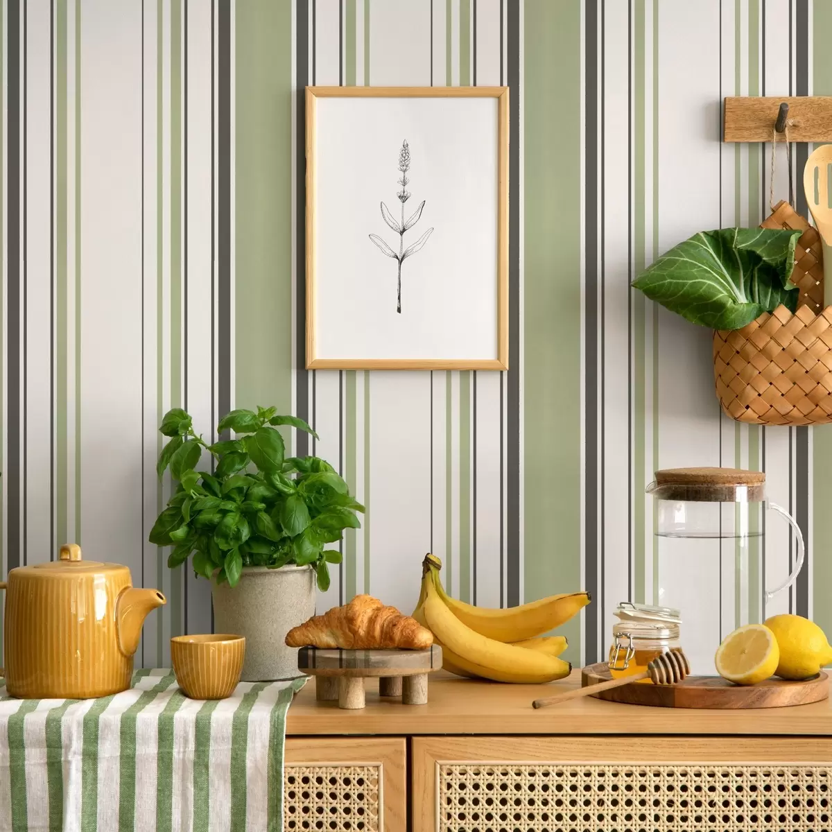 Papier peint Fond blanc avec un mélange de rayures vertes et noires a00520