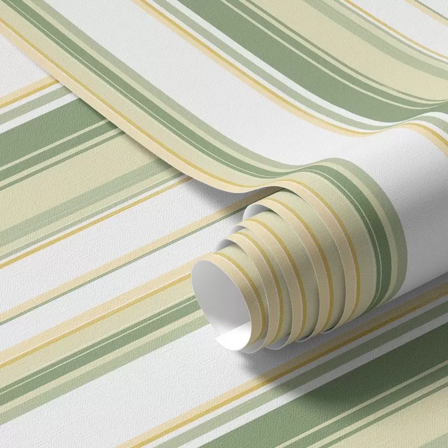 Papier peint Rayures vertes et beiges avec lignes d'accentuation jaunes a00531