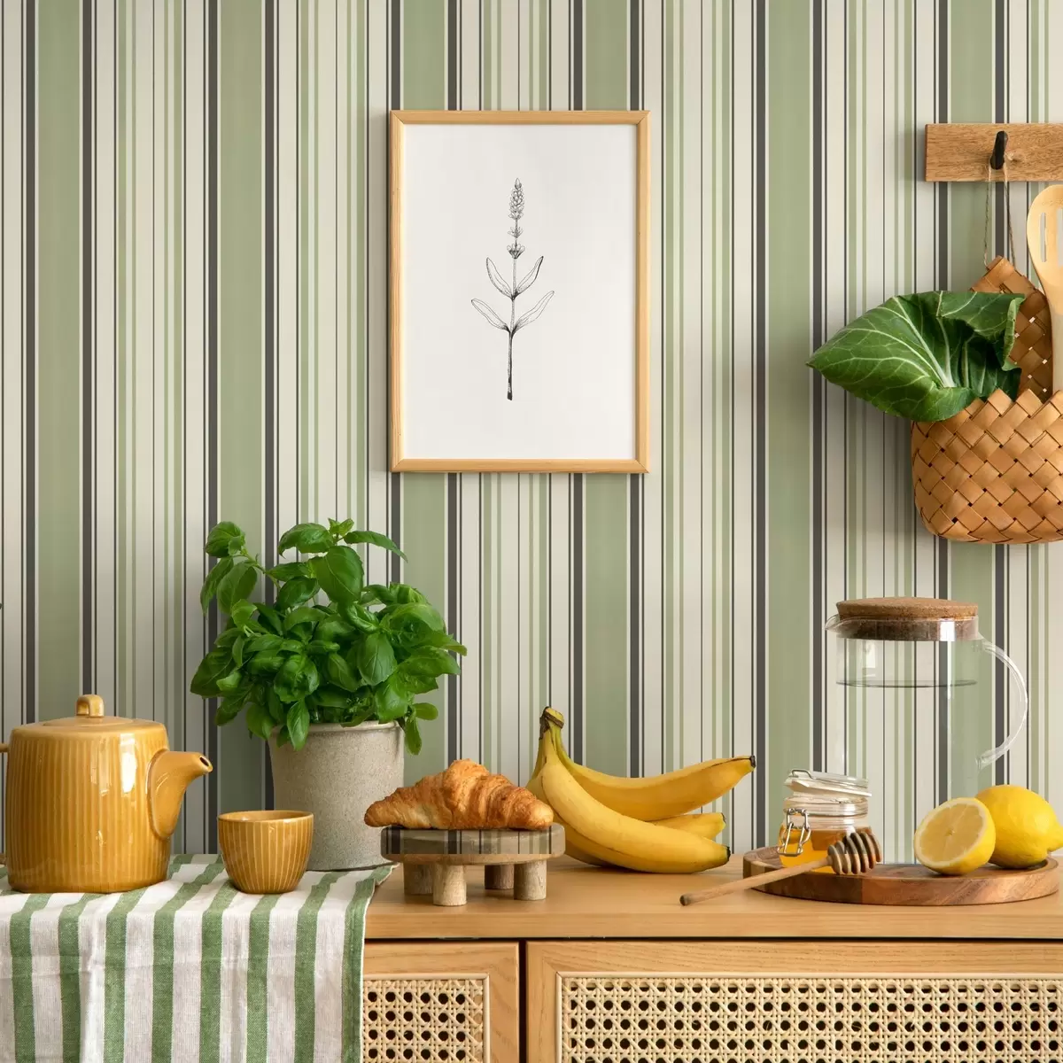 Papier peint Fond crème avec un mélange de rayures vertes et noires a00563