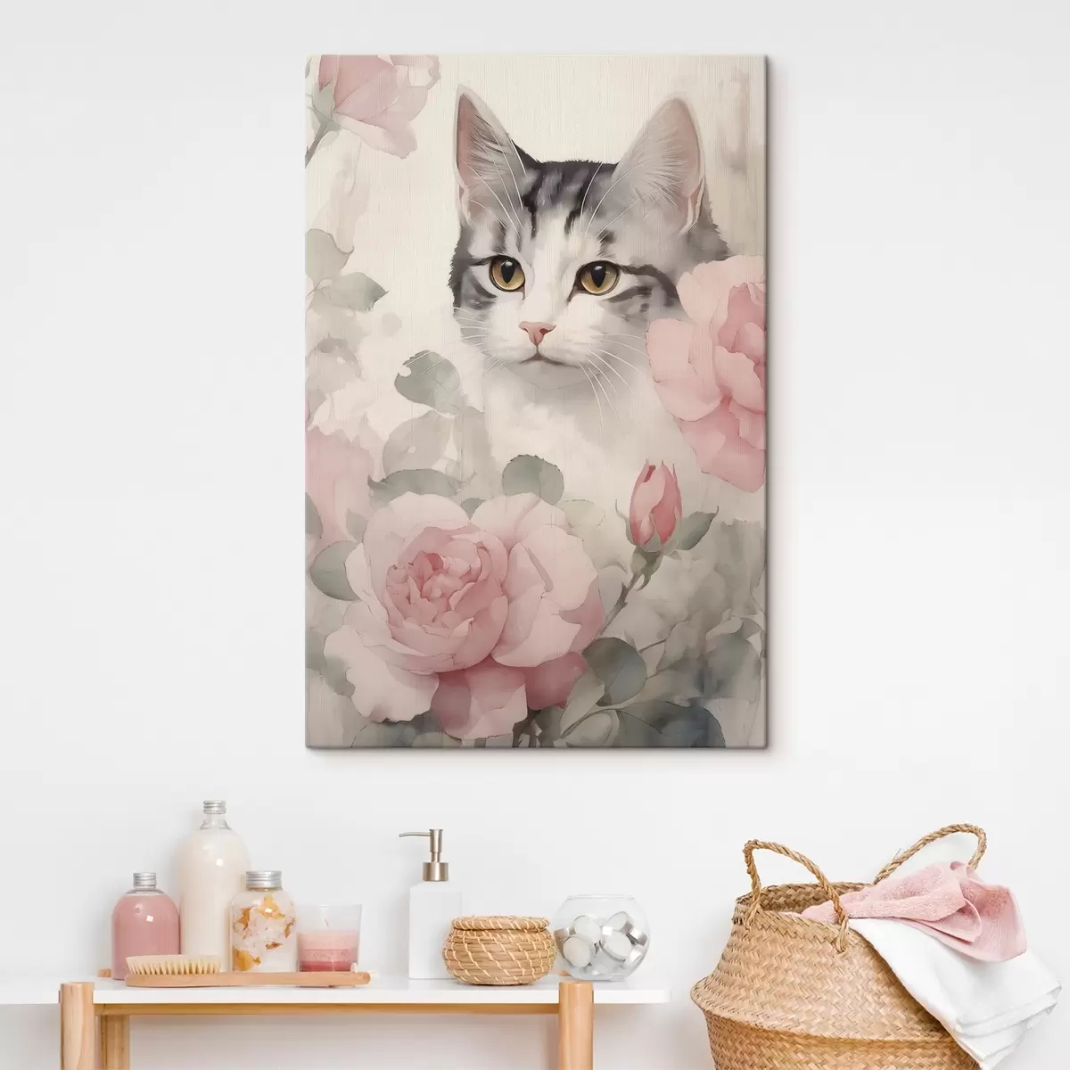 Tableau Chat parmi les roses s45673