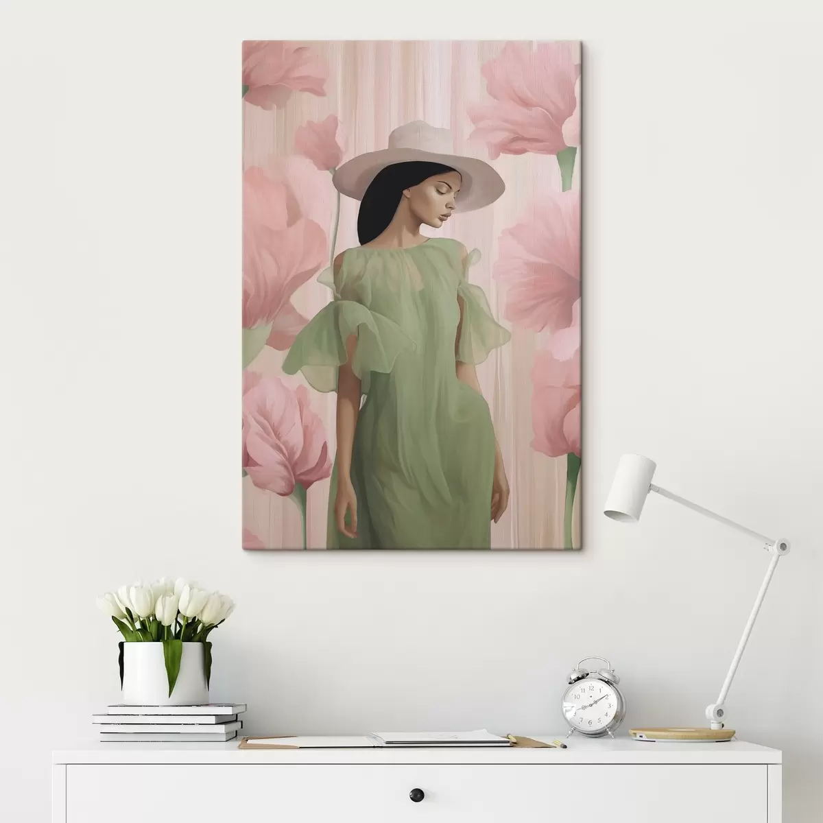 Tableau Fille au chapeau parmi les fleurs s45678
