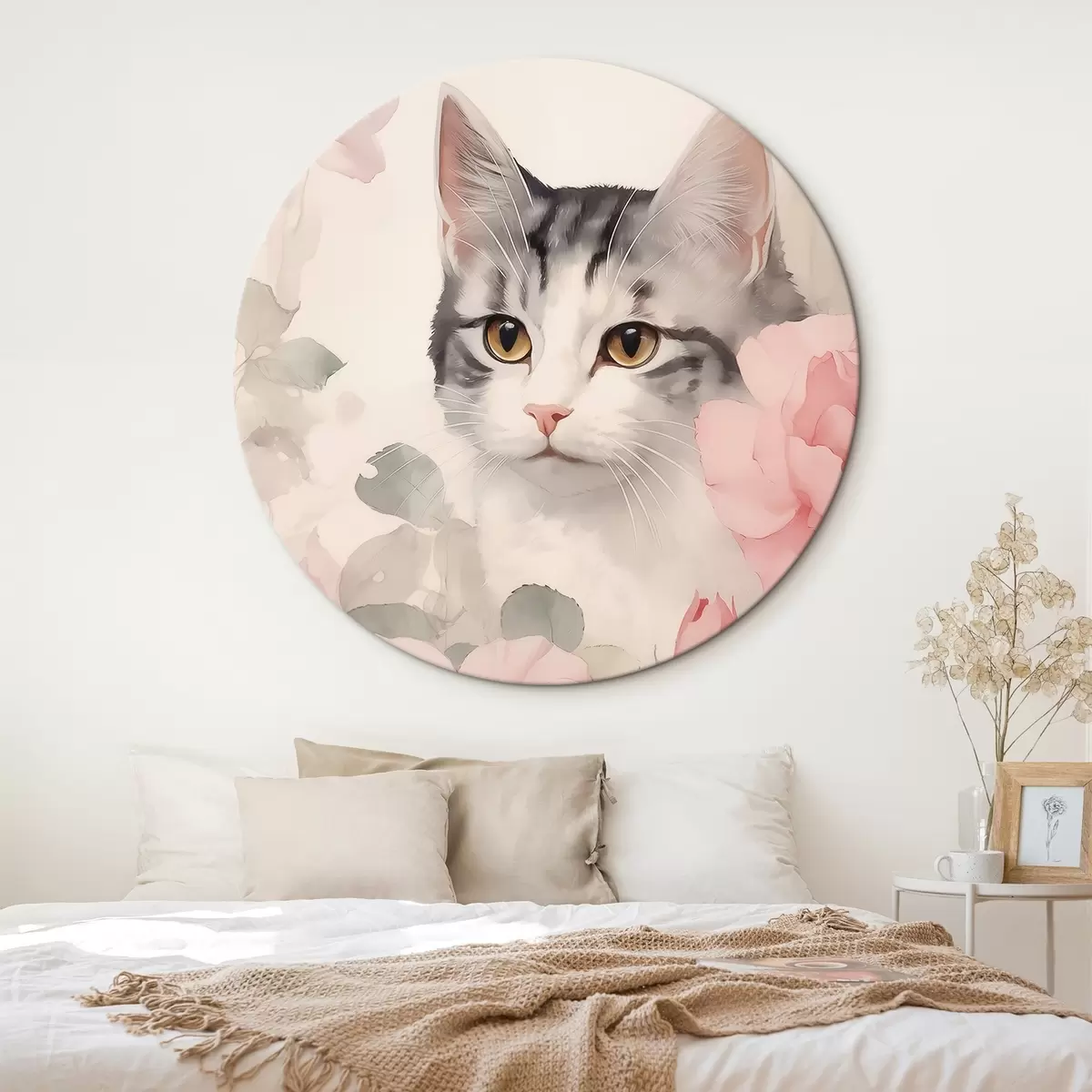 Tableaux rondes Chat parmi les roses r45673