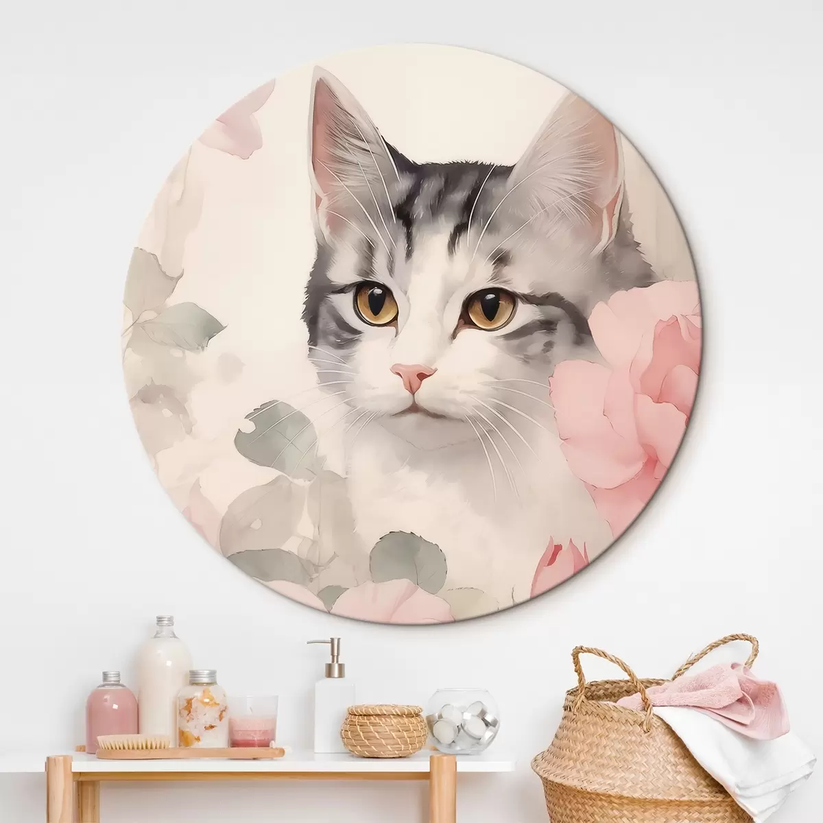 Tableaux rondes Chat parmi les roses r45673
