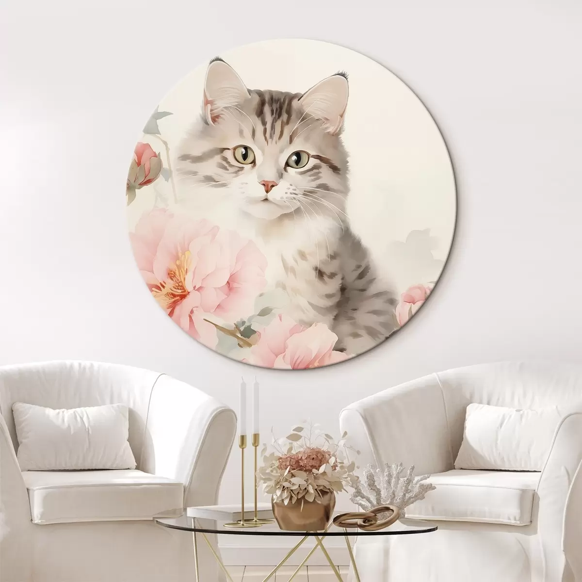 Tableaux rondes Chat parmi les fleurs r45674