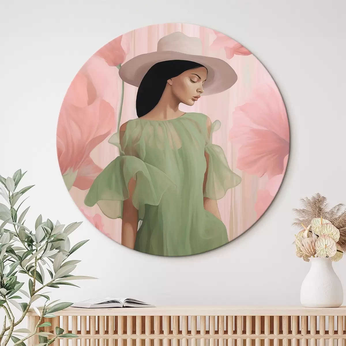 Tableaux rondes Fille au chapeau parmi les fleurs r45678