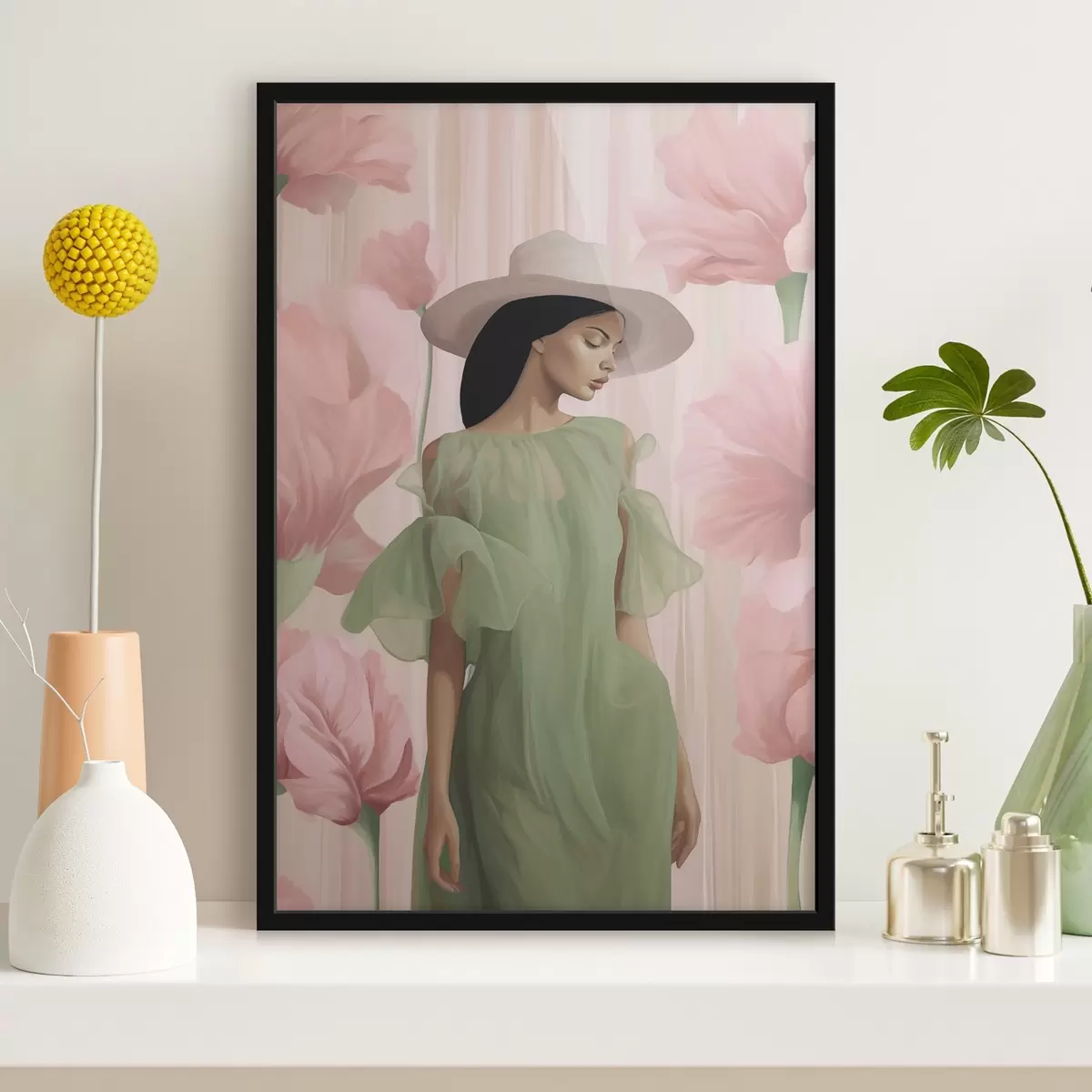 Poster Fille au chapeau parmi les fleurs f45678