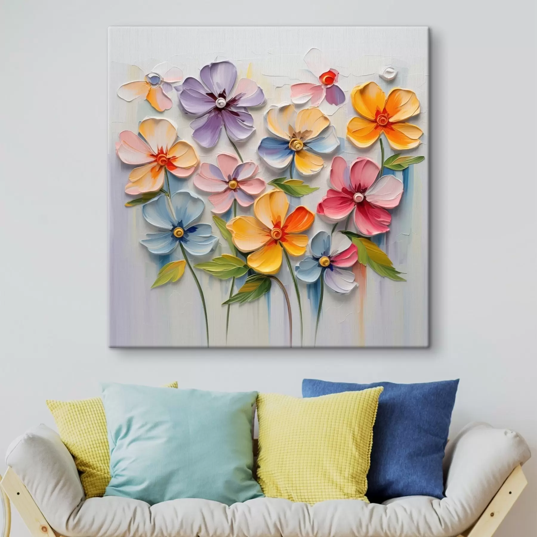 Tableau Nature morte florale : fleurs multicolores en technique d'empâtement s45598