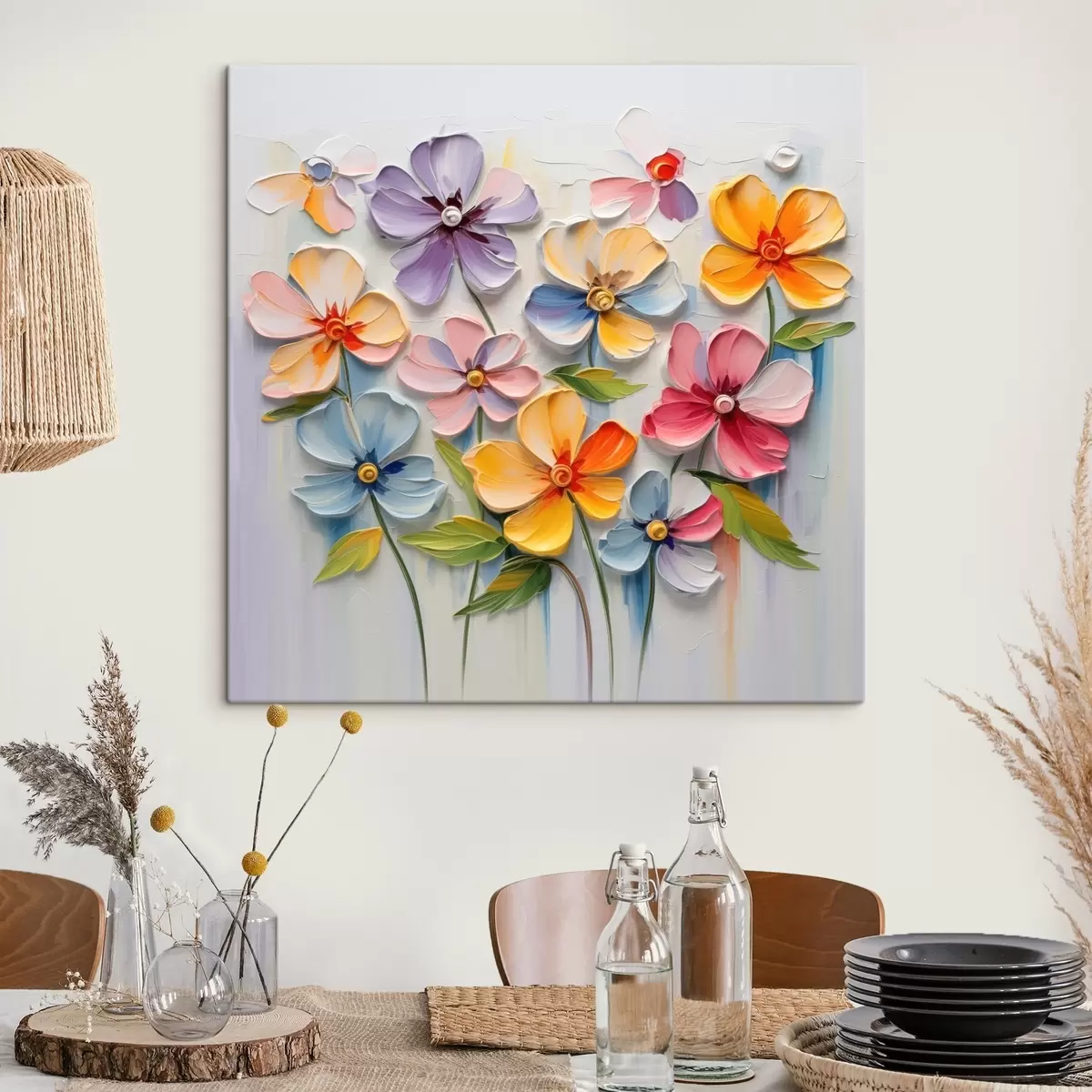 Tableau Nature morte florale : fleurs multicolores en technique d'empâtement s45598