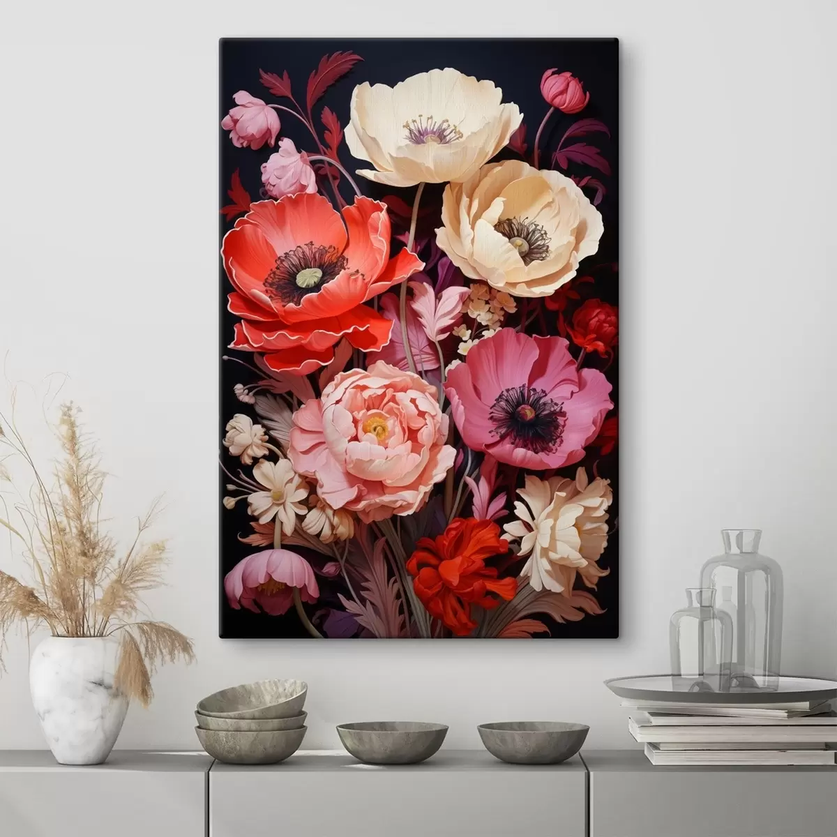 Tableau Bouquet de coquelicots dans les tons roses et rouges s45600