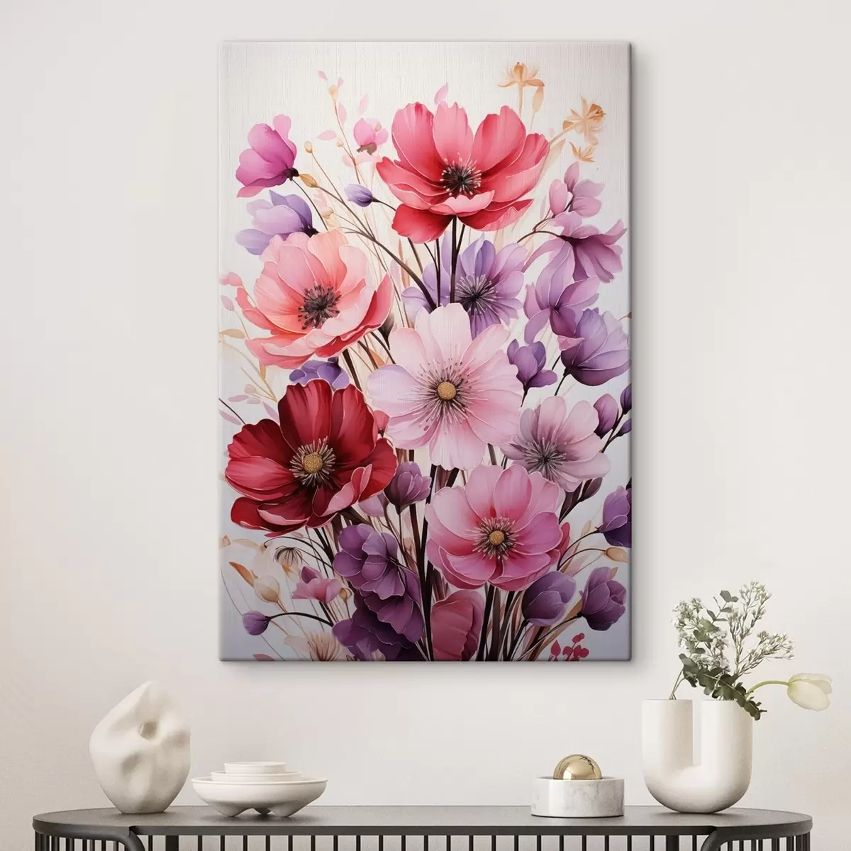 Tableau Bouquet délicat de coquelicots roses et lilas sur un fond clair, style aquarelle s45601