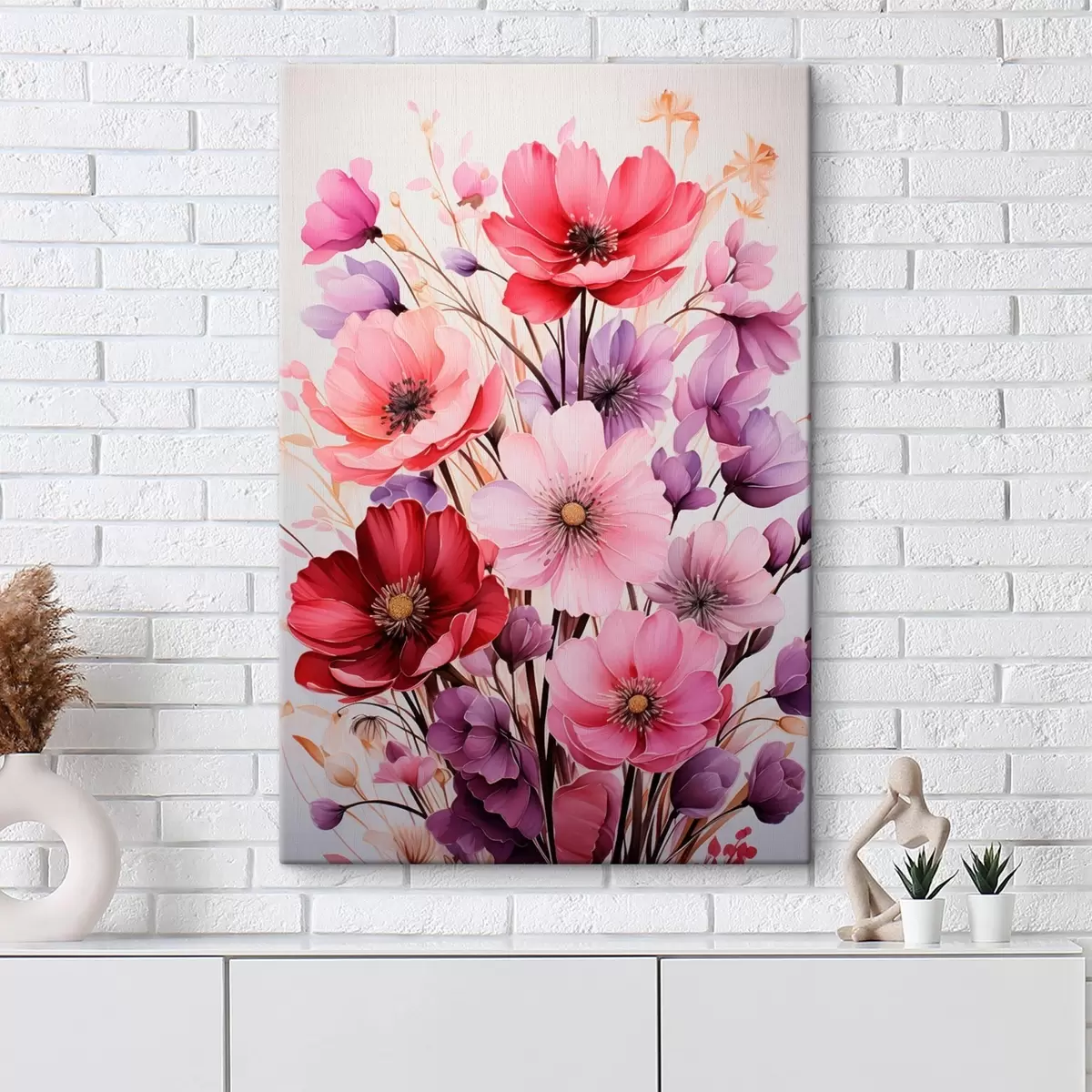 Tableau Bouquet délicat de coquelicots roses et lilas sur un fond clair, style aquarelle s45601