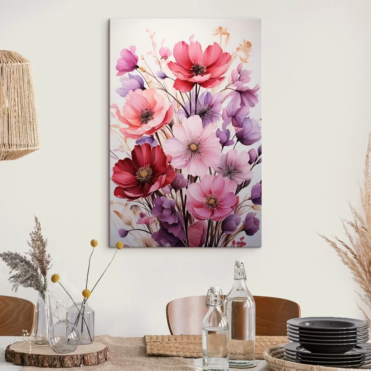 Tableau Bouquet délicat de coquelicots roses et lilas sur un fond clair, style aquarelle s45601