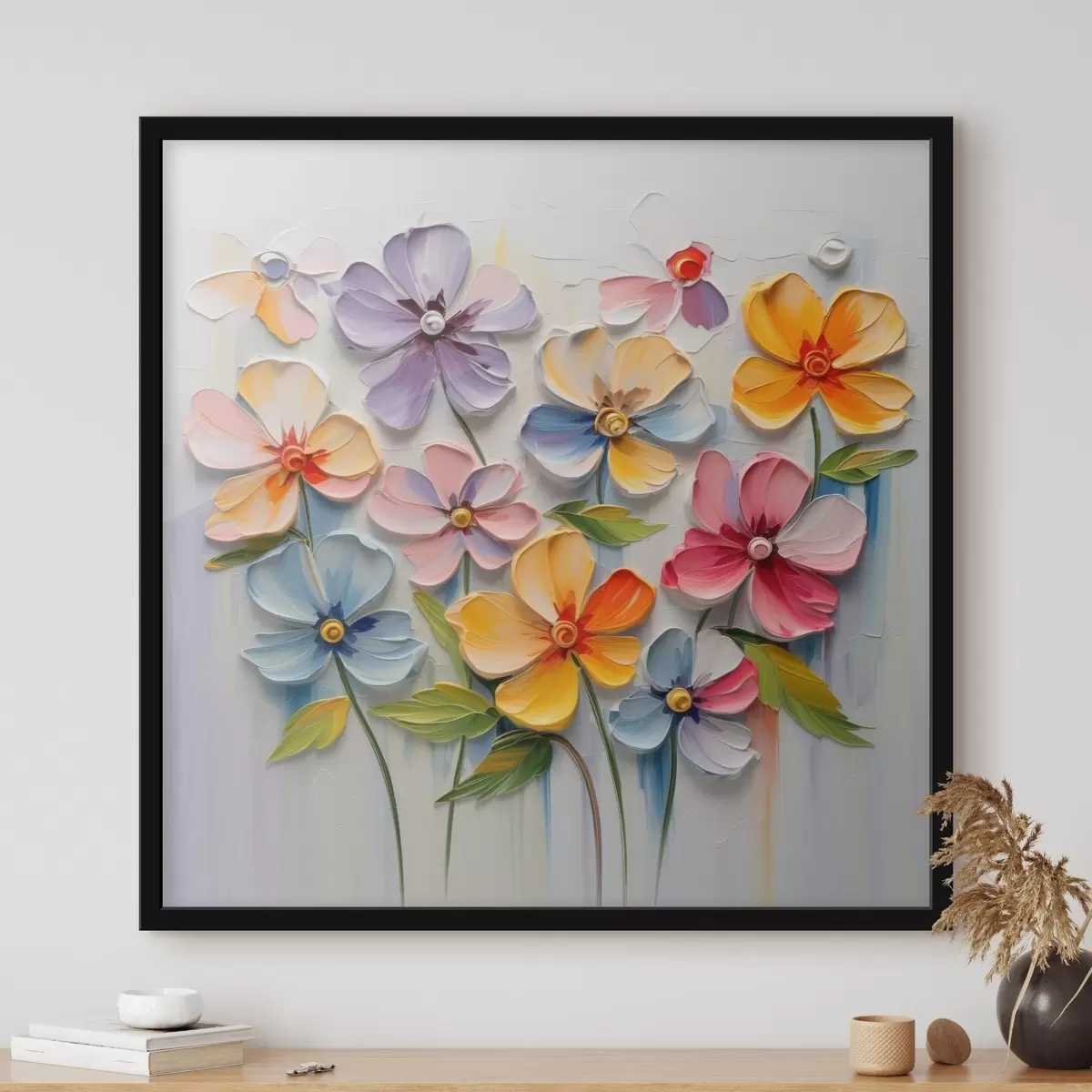Poster Nature morte florale : fleurs multicolores en technique d'empâtement f45598