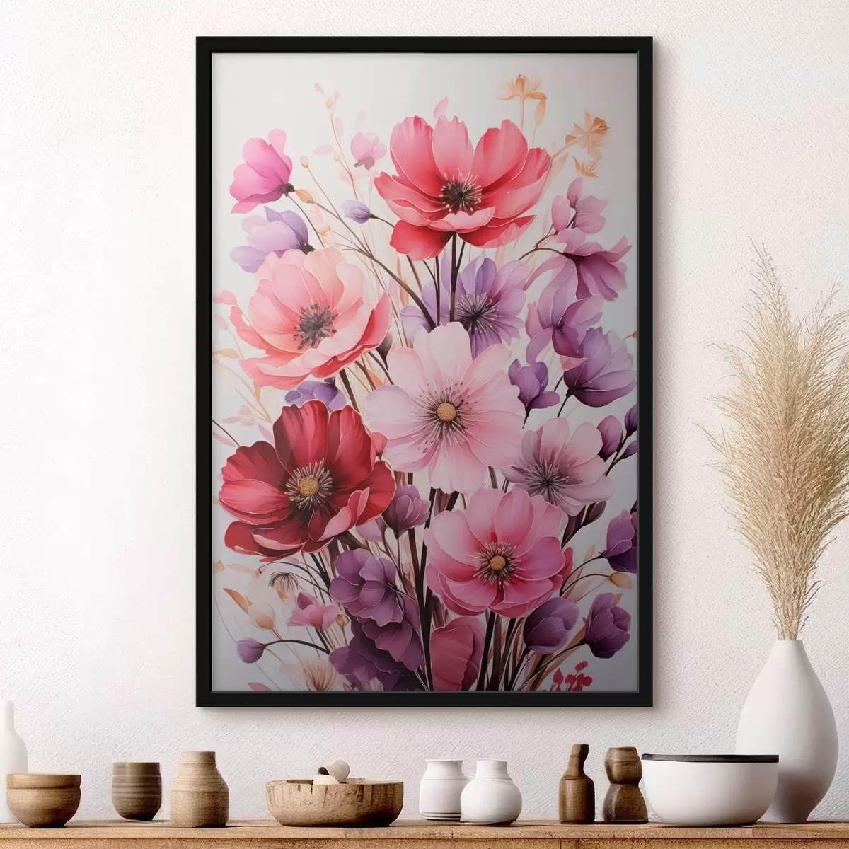 Poster Bouquet délicat de coquelicots roses et lilas sur un fond clair, style aquarelle f45601