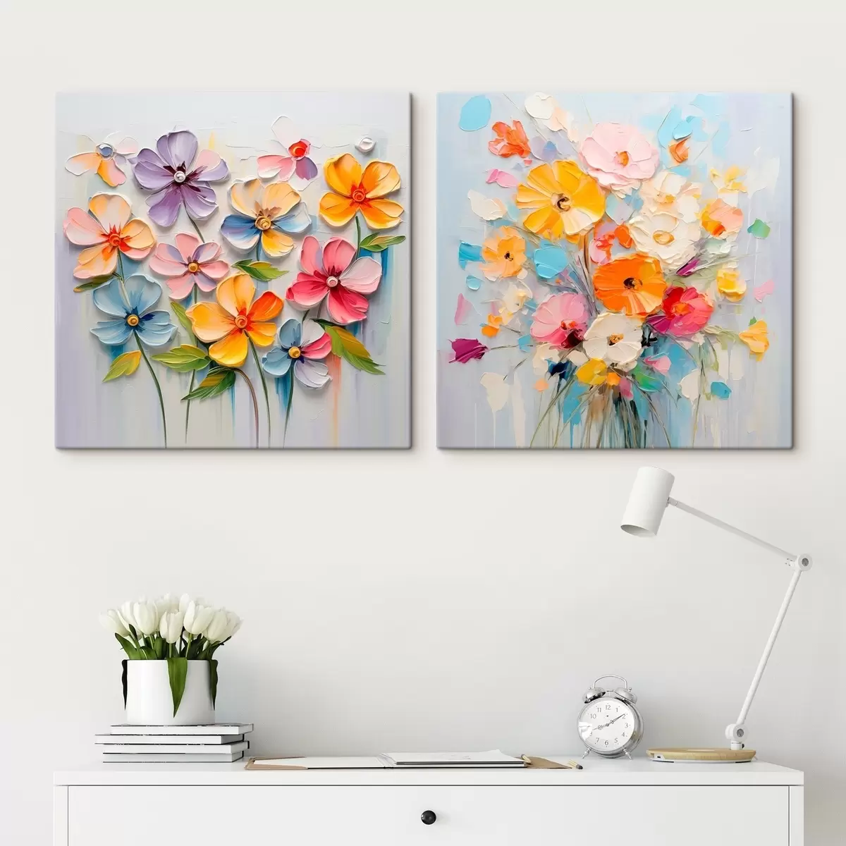 Tableau Compositions abstraites de fleurs lumineuses réalisées en technique d'empâtement m00662