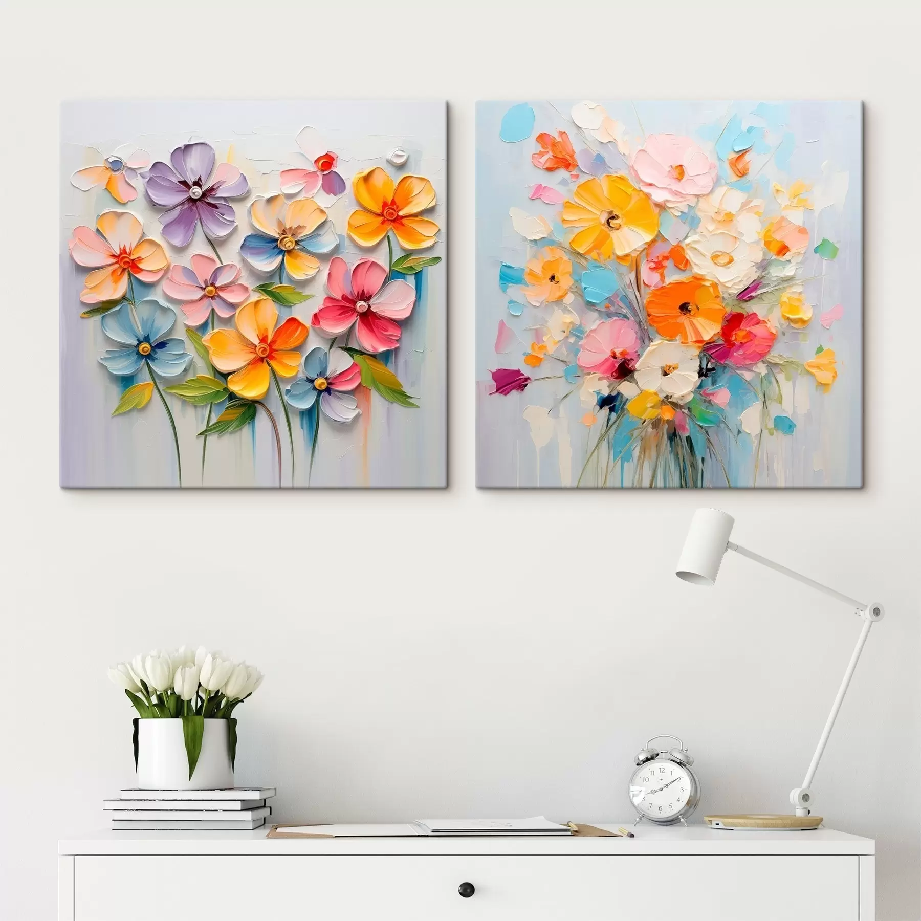 Tableau Compositions abstraites de fleurs lumineuses réalisées en technique d'empâtement m00662