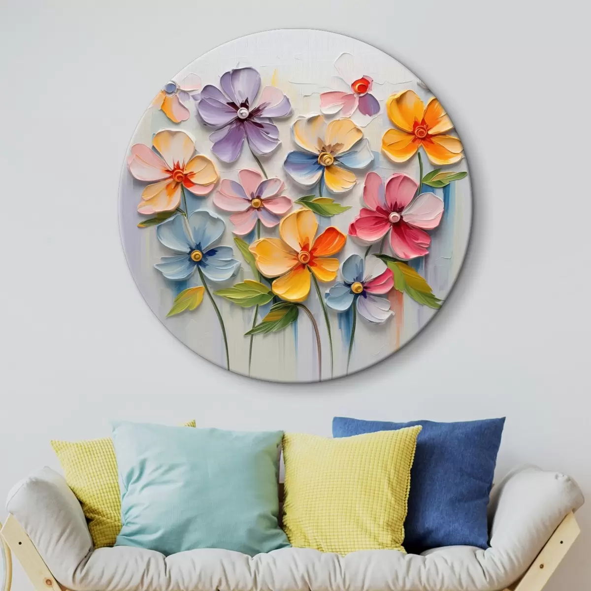 Tableaux rondes Nature morte florale : fleurs multicolores en technique d'empâtement r45598