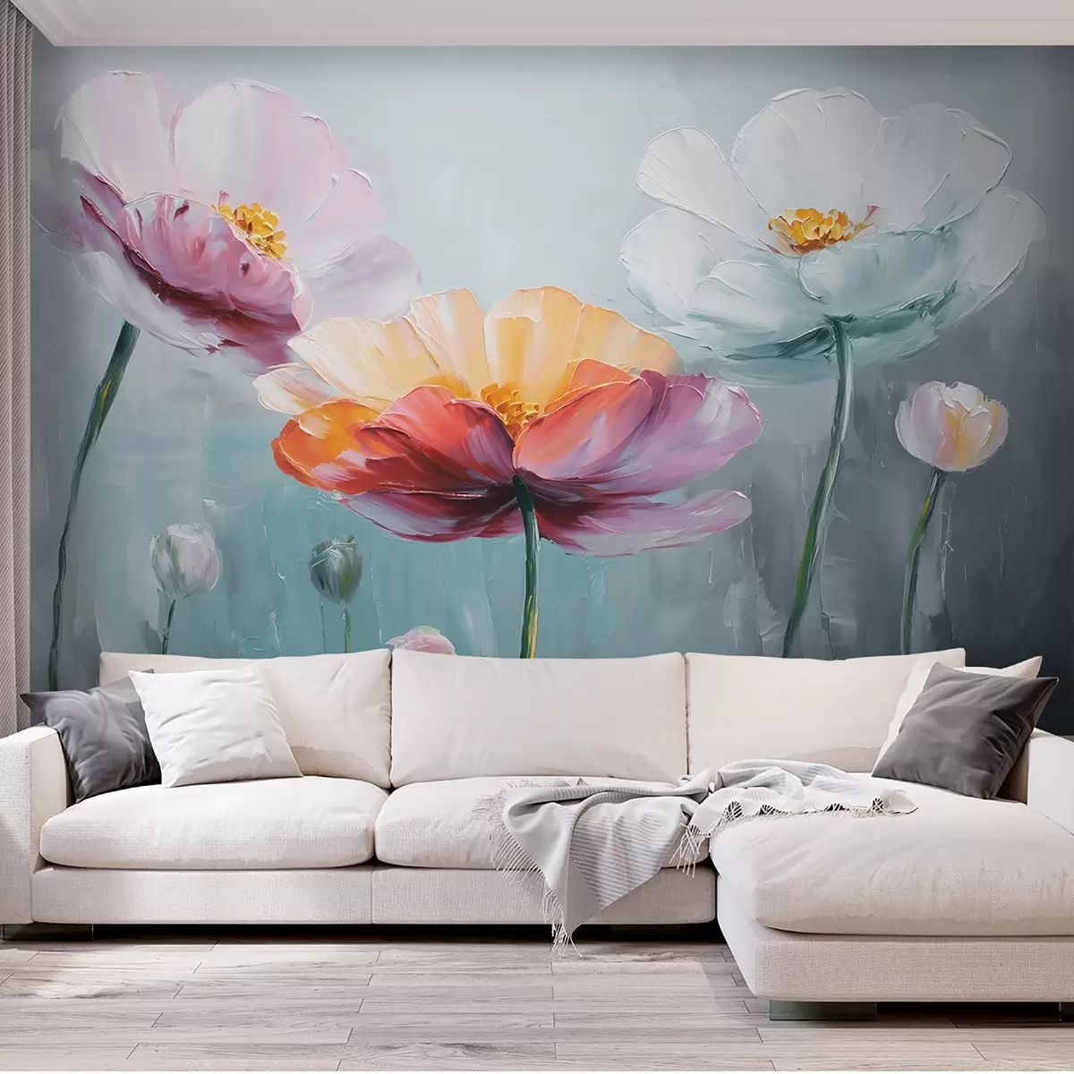 Papier peint Fleurs lumineuses peintes à l'huile sur fond bleu w09310