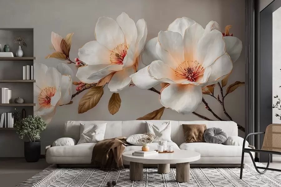 Papier peint Fleurs délicates sur une branche dans des tons pastel avec des centres orange w09299