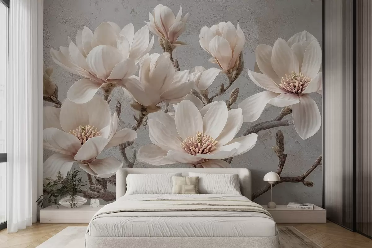 Papier peint Branches de magnolias avec de grandes fleurs légères dans des tons sourds w09305