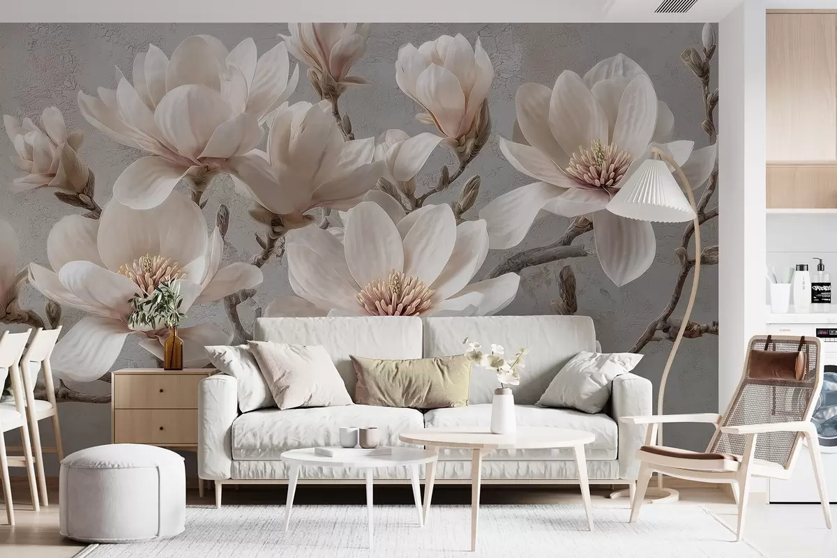 Papier peint Branches de magnolias avec de grandes fleurs légères dans des tons sourds w09305