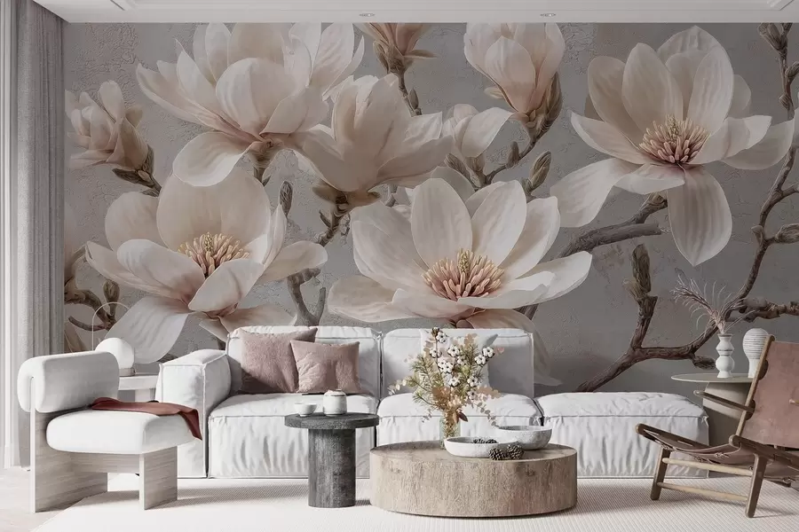 Papier peint Branches de magnolias avec de grandes fleurs légères dans des tons sourds w09305