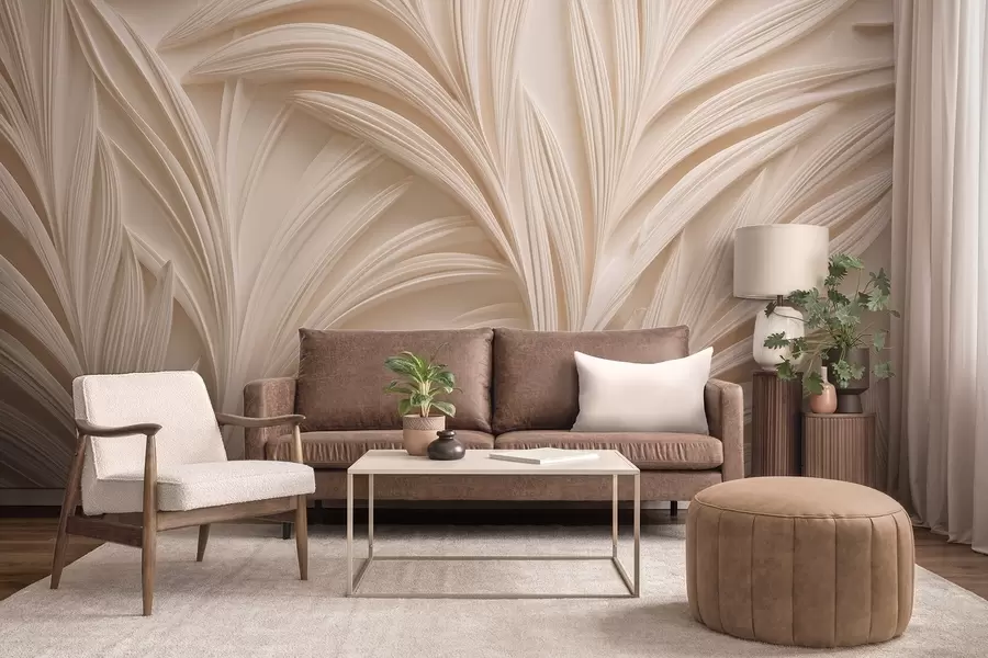 Papier peint Feuilles décoratives beiges en 3D w09351