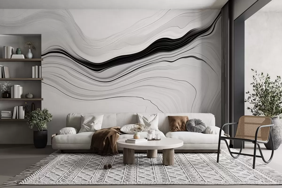 Papier peint Motif noir et blanc avec effet de couches de marbre w09358