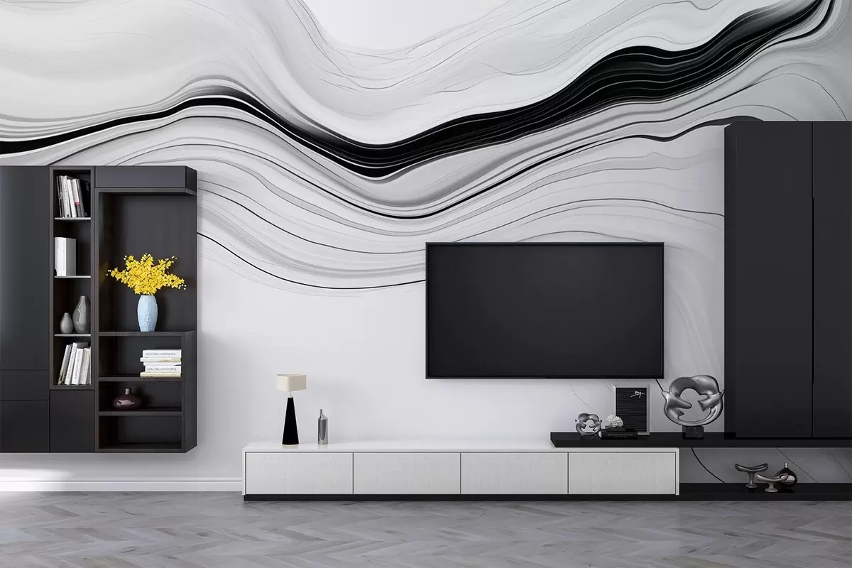 Papier peint Motif noir et blanc avec effet de couches de marbre w09358
