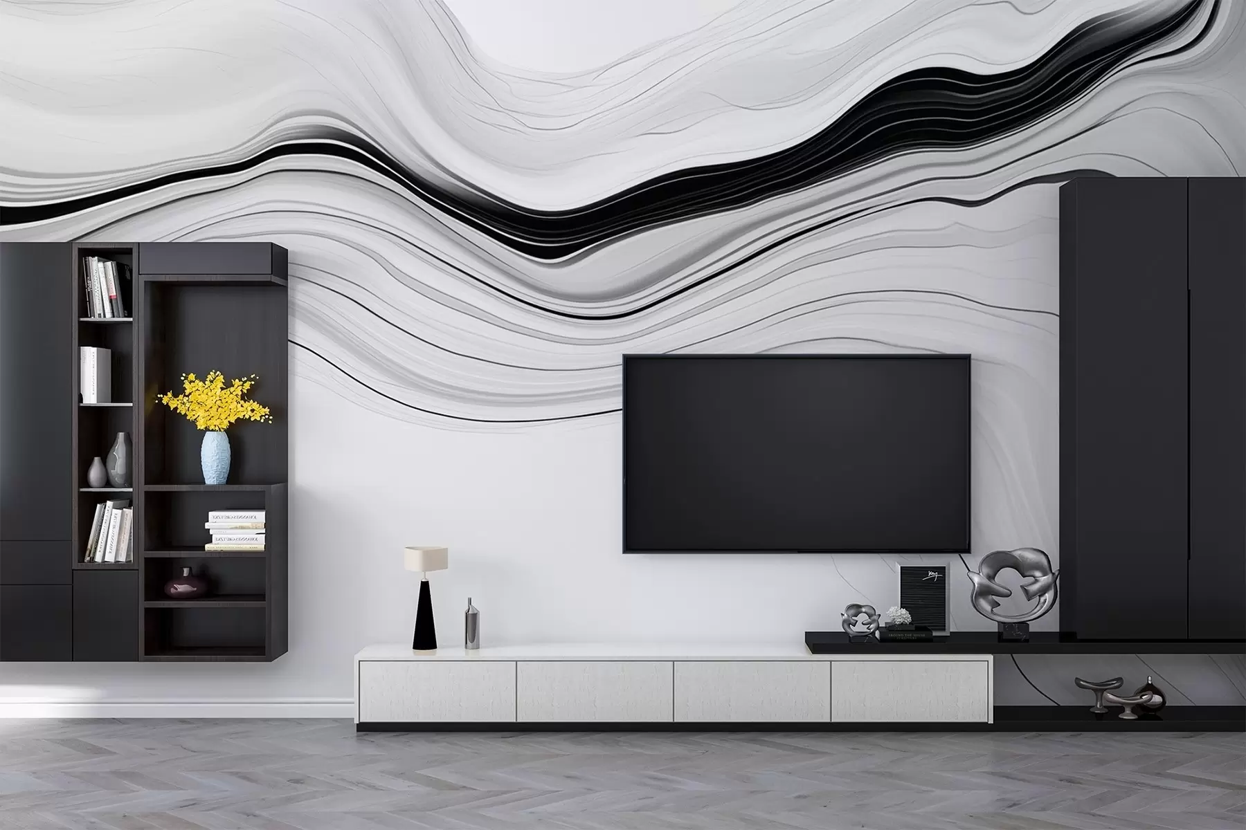Papier peint Motif noir et blanc avec effet de couches de marbre w09358
