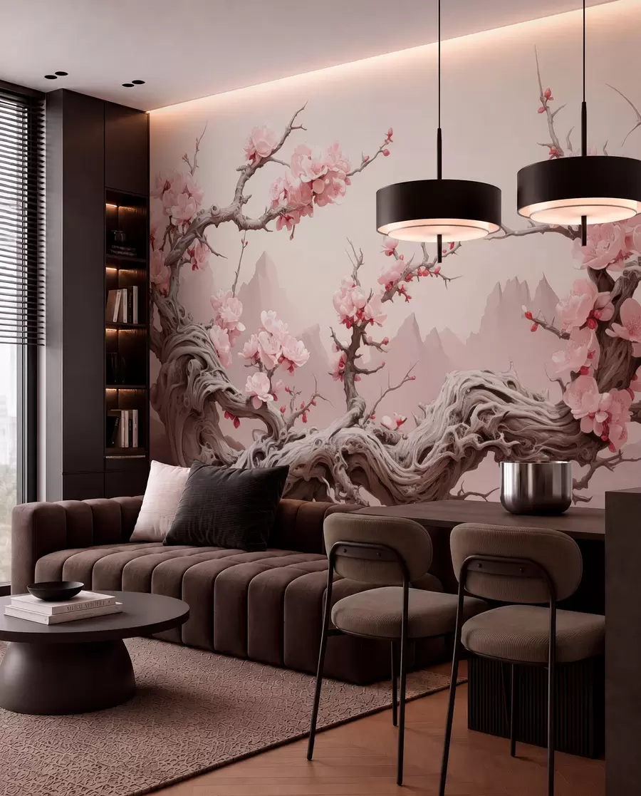 Papier peint Tronc d'arbre torsadé avec sakura rose en fleur w09388