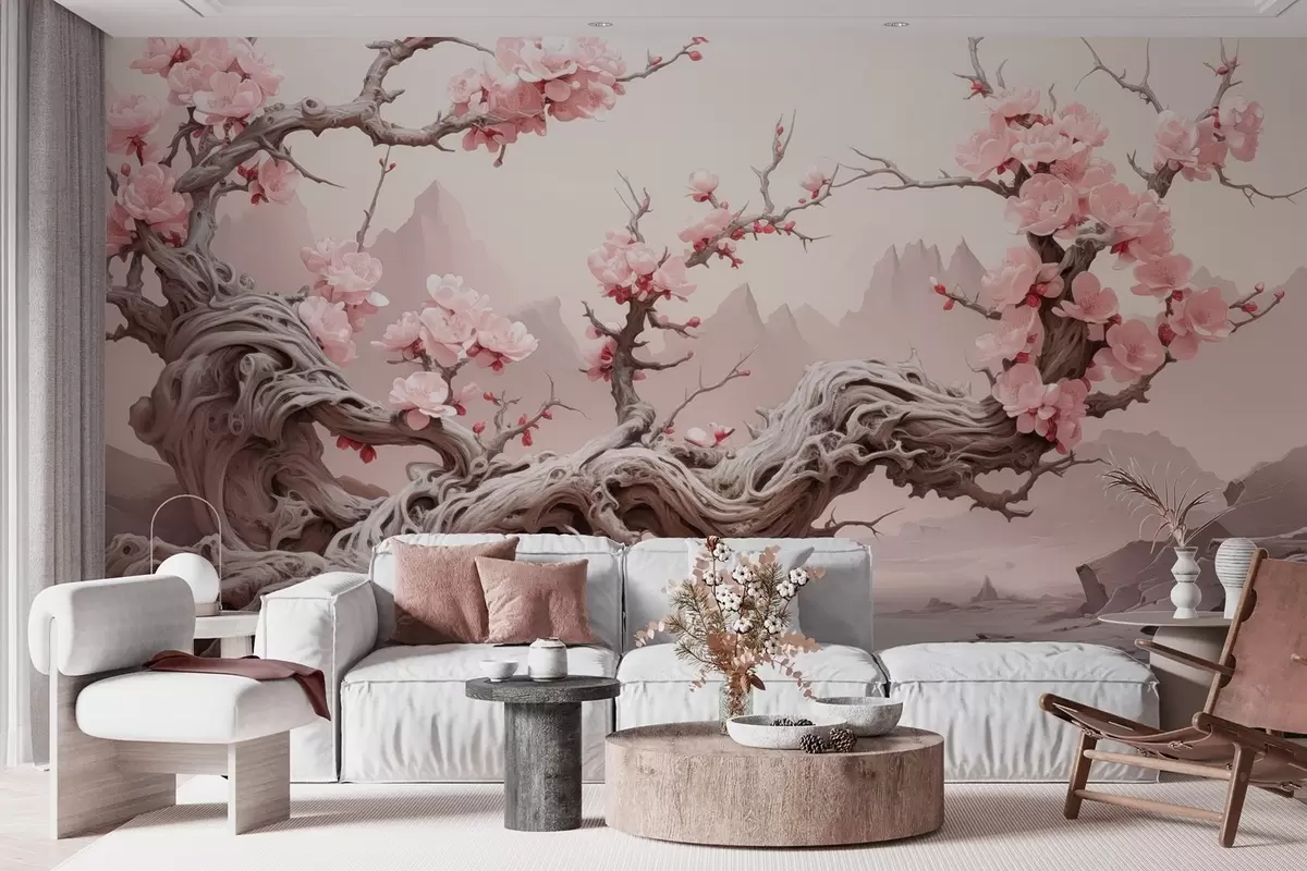 Papier peint Tronc d'arbre torsadé avec sakura rose en fleur w09388