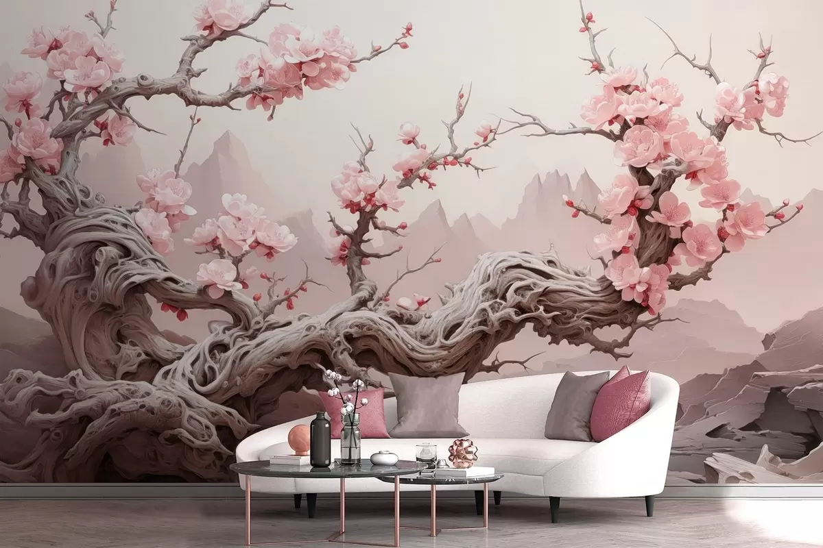 Papier peint Tronc d'arbre torsadé avec sakura rose en fleur w09388